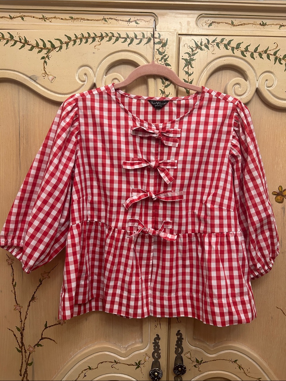 100% Cotton Red Gingham Bow Peplum Top by Velvet Hearts. Large